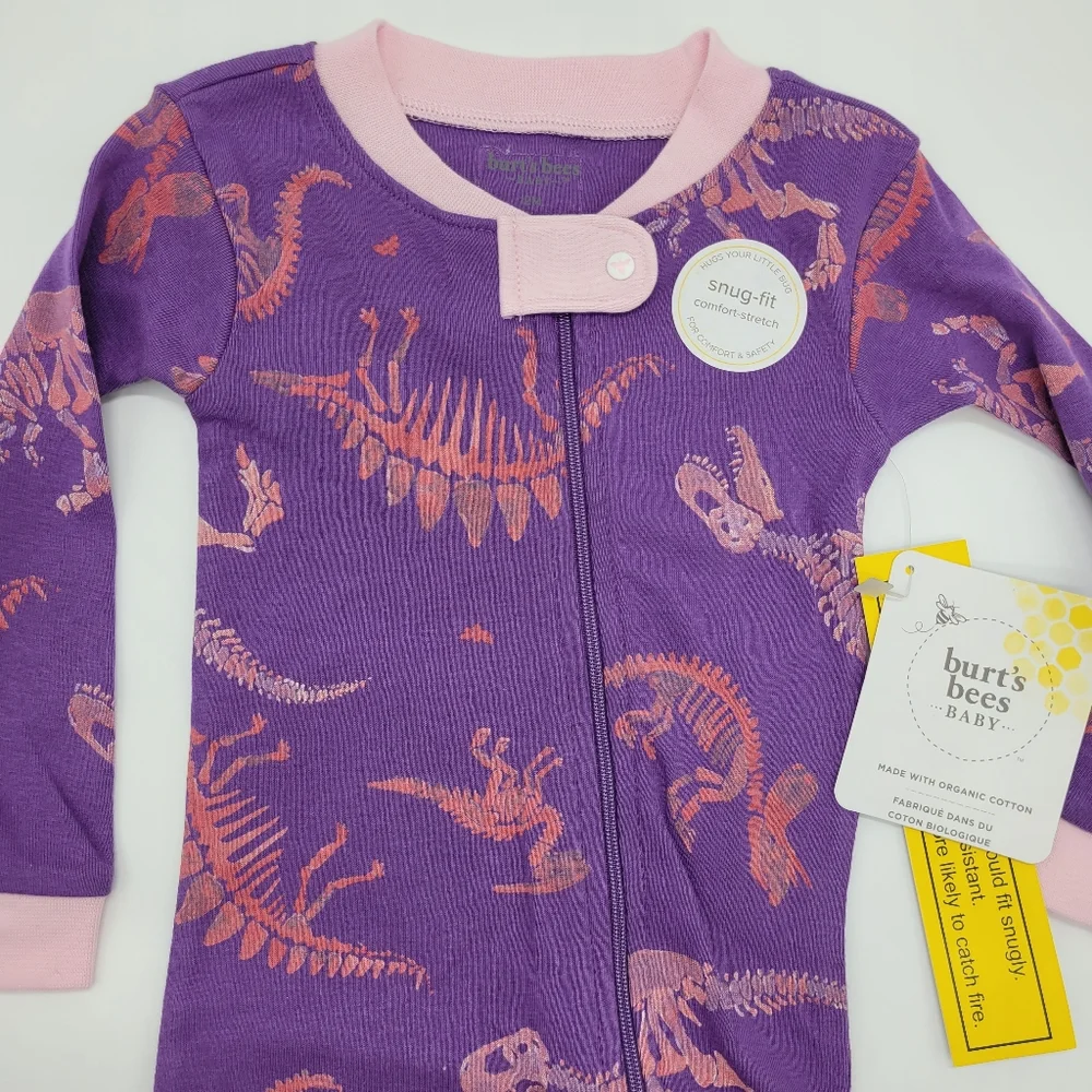 Burt's Bees Baby Pajamas Purple Pink Dinosaur Print One Piece Zip Footie 12m NEW